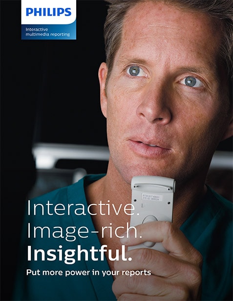 Capa do folheto sobre relatórios multimídia interativos da Philips para otimizar as informações clínicas
