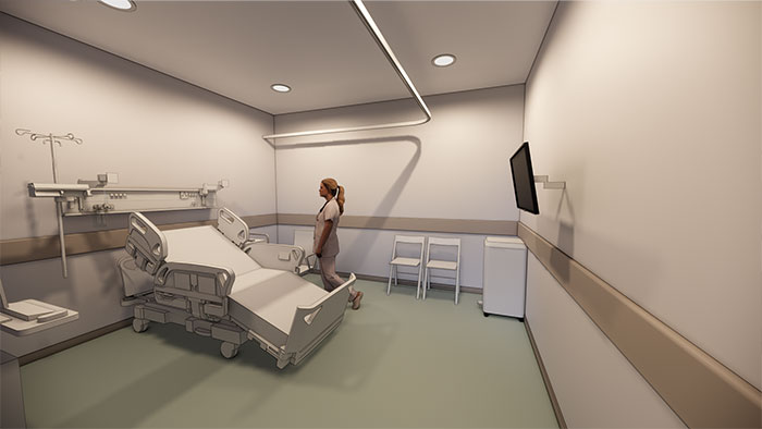 Renderização do projeto do quarto do Sindicato de las Telecomunicaciones, imagem do Enscape