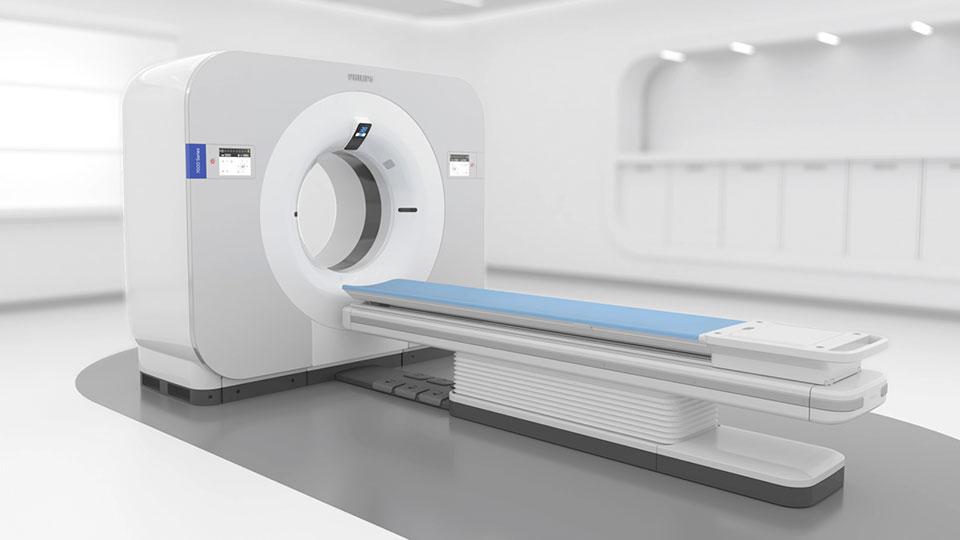 Sistema Spectral CT 7500 da Philips com notificações para o detetor espectral, mesa do paciente, abertura de 80 cm, controlo da gantry através de painel táctil